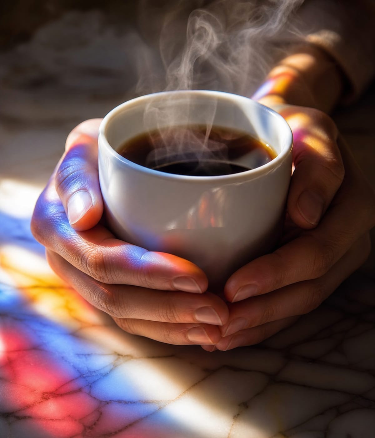 Hands cradling a white cup with colored stained-glass light falling across them