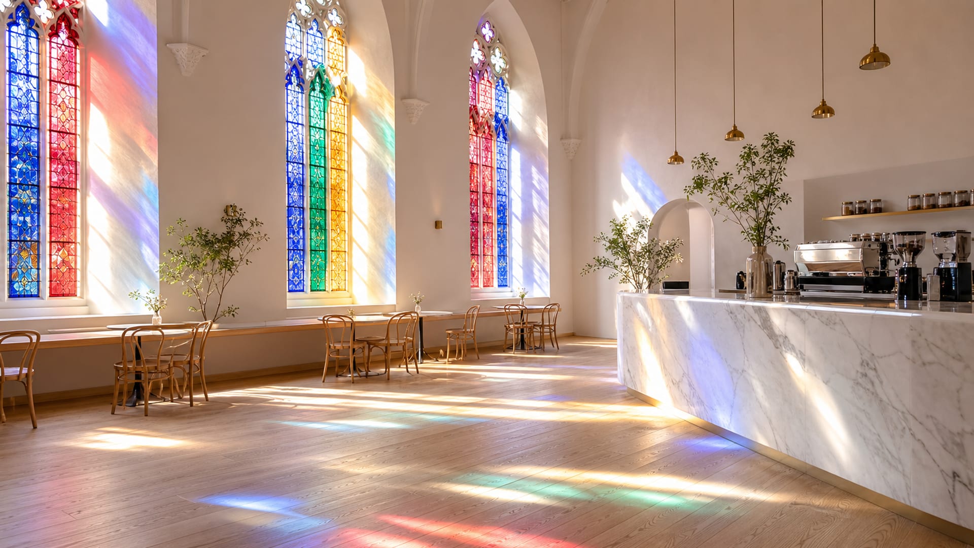 Colored light from stained glass pooling across a bright white coffeehouse