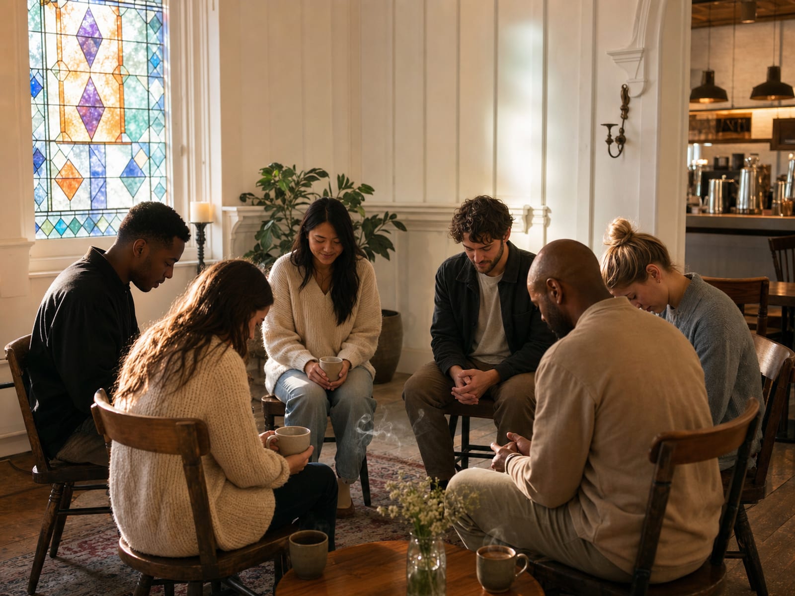 A small circle in quiet morning prayer in a bright side chapel
