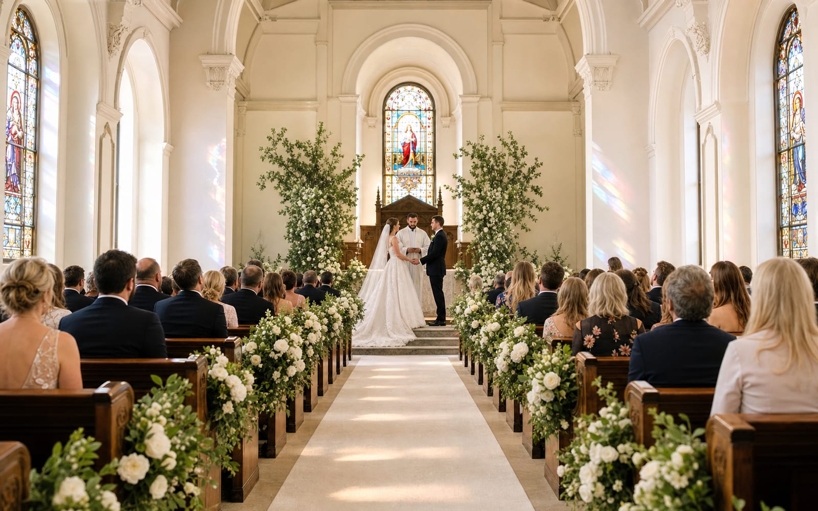 A wedding under stained glass in a bright historic sanctuary