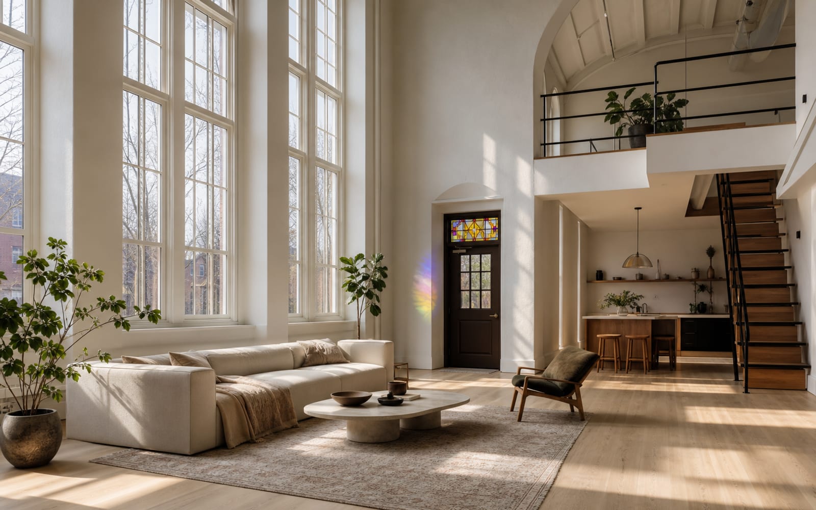 A loft apartment with soaring ceilings inside a converted historic school