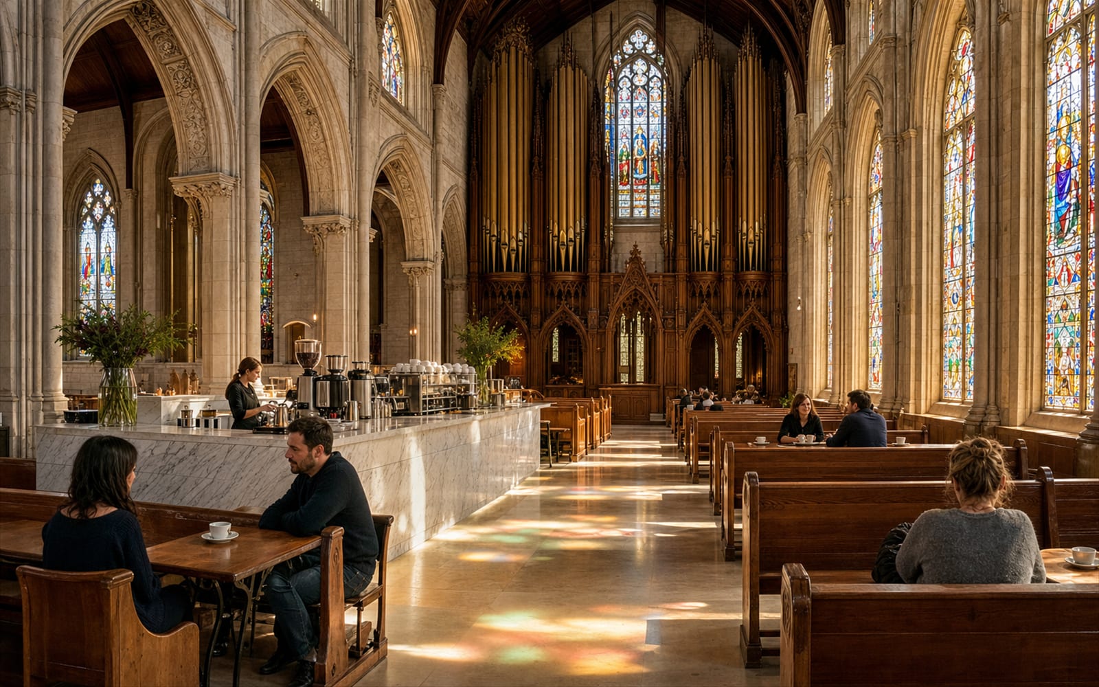 Concept rendering: a Gothic stone nave serving as a luminous coffeehouse